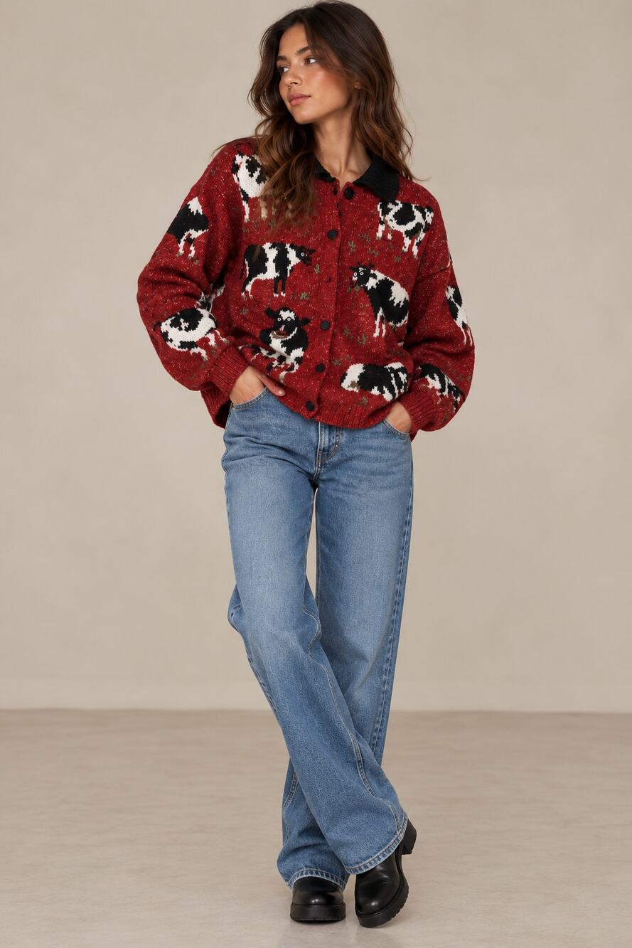 Vintage 90s Cow Print Sweater L Red Black White Novelty Animal Print Farmcore